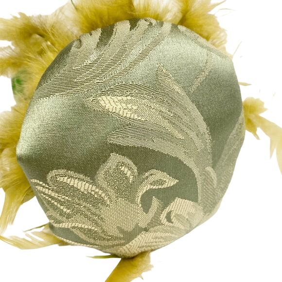 large vintage wooden green SPOOL hat holder brown feathers 11" tall - Picture 7 of 11